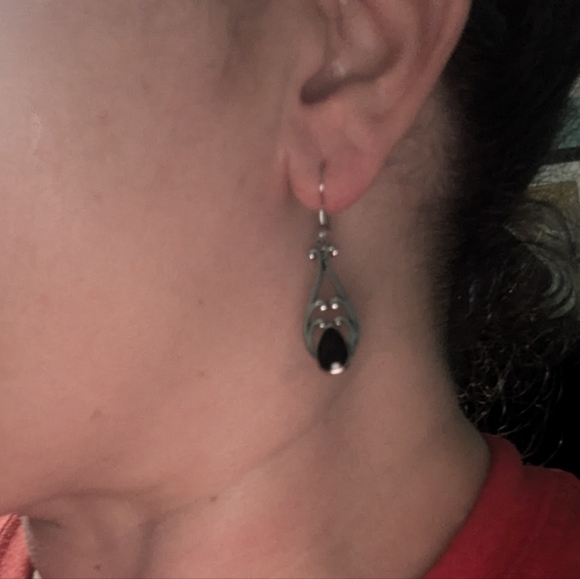 Elegant Silver and Black Oil Drip Teardrop Dangle Earrings 1.2" L - Picture 5 of 5